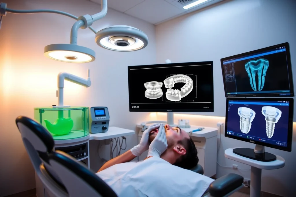 A modern dental clinic interior with advanced technology: a dentist using a digital intraoral scanner on a patient's mouth, a 3D printer creating a dental implant model, and a computer screen displaying a CBCT scan and virtual implant planning software, all in a clean, high-tech environment with soft ambient lighting