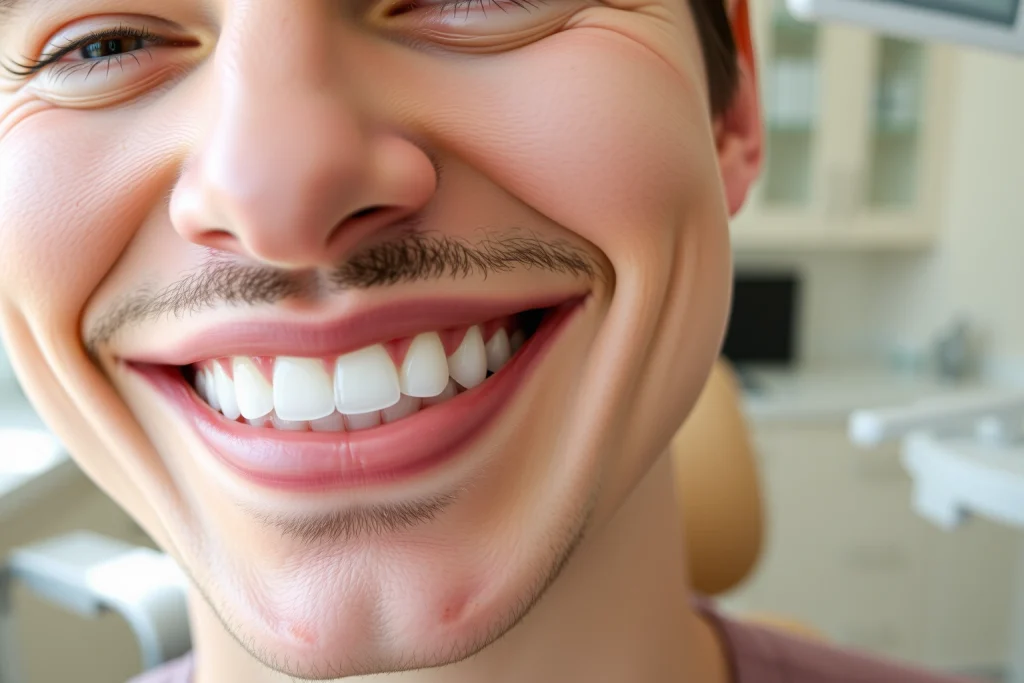 A close-up of a smiling adult patient with healthy, natural-looking dental implants in a modern dental clinic setting, showing detailed teeth and gums, soft natural lighting, medical professionalism, and a calm, reassuring atmosphere