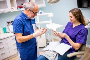A dentist explaining the importance of gum health to a patient, showing proper brushing and flossing techniques. The scene should include dental tools, a dental chair, and a clean, professional dental office setting.