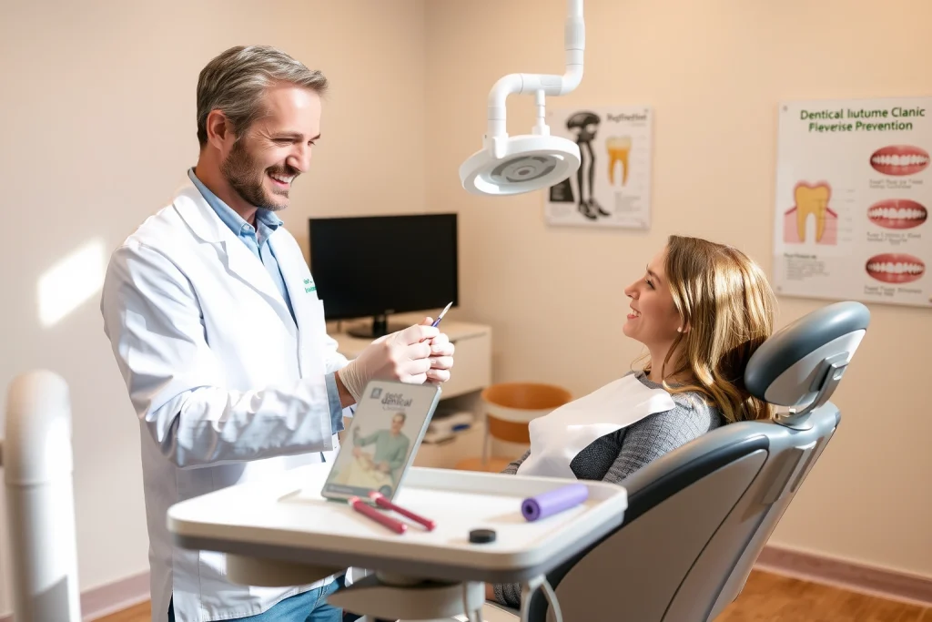 A clean, modern dental clinic interior with a smiling dentist in a white coat holding a dental mirror and scaler, demonstrating proper brushing technique to a patient sitting in a dental chair; soft natural lighting, dental tools neatly arranged on a tray, a poster on the wall showing tooth anatomy and plaque prevention, warm and professional atmosphere