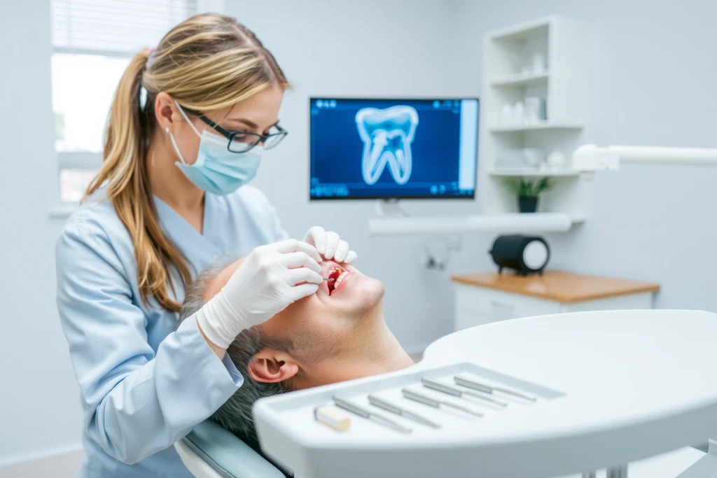 A calm dental clinic interior showing a patient sitting in a dental chair with a dentist gently examining their mouth, focusing on a dental implant site; soft natural lighting, modern equipment, clean white and blue tones, subtle details like dental tools on a tray and a monitor displaying a 3D jaw scan in the background, conveying care and recovery after tooth implantation