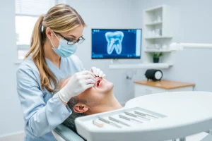 A calm dental clinic interior showing a patient sitting in a dental chair with a dentist gently examining their mouth, focusing on a dental implant site; soft natural lighting, modern equipment, clean white and blue tones, subtle details like dental tools on a tray and a monitor displaying a 3D jaw scan in the background, conveying care and recovery after tooth implantation