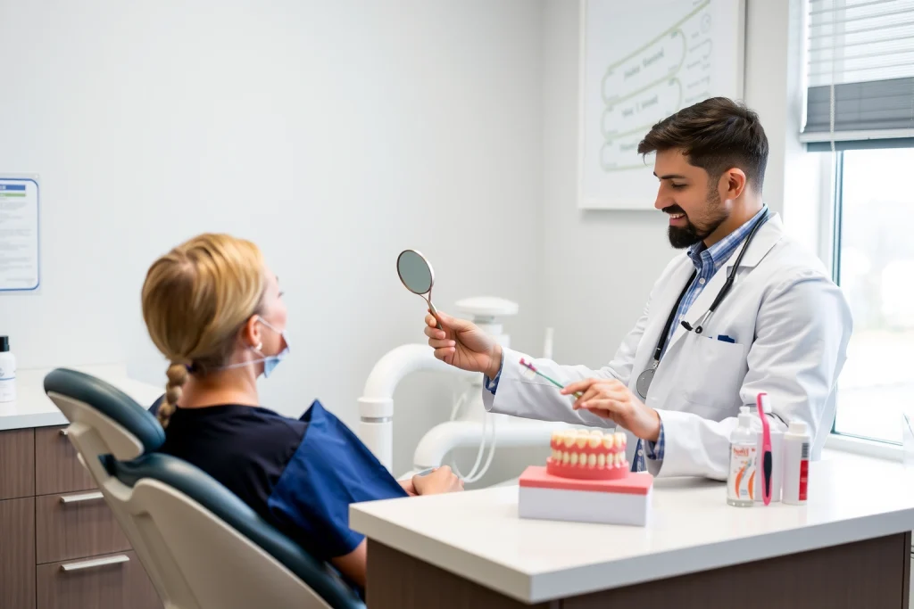 A clean, modern dental clinic interior with a smiling dentist in a white coat holding a dental mirror and explaining oral hygiene to a patient sitting in a dental chair. On a nearby counter: toothbrush, dental floss, mouthwash, and a small model of teeth with visible tartar buildup being pointed at. Soft natural light from a window, neutral colors, professional and welcoming atmosphere.