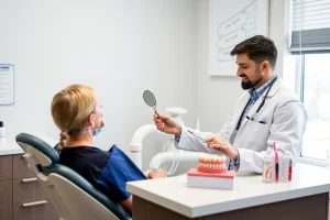 A clean, modern dental clinic interior with a smiling dentist in a white coat holding a dental mirror and explaining oral hygiene to a patient sitting in a dental chair. On a nearby counter: toothbrush, dental floss, mouthwash, and a small model of teeth with visible tartar buildup being pointed at. Soft natural light from a window, neutral colors, professional and welcoming atmosphere.