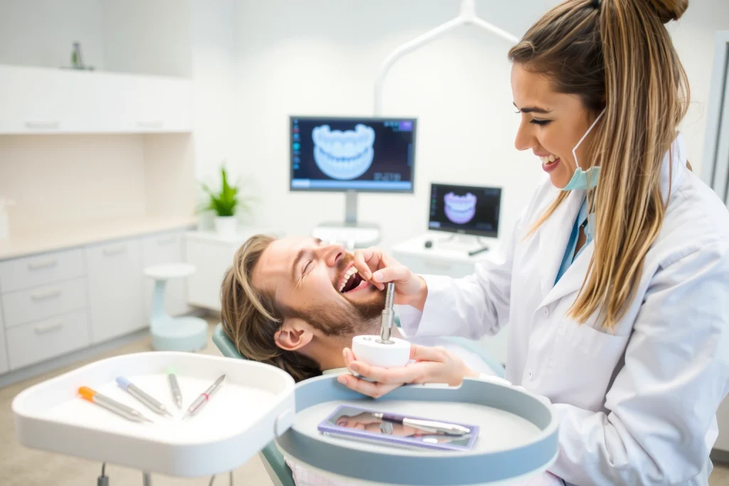 A modern dental clinic interior with a smiling patient sitting in a dental chair, a dentist in a white coat gently placing a dental implant model into the patient's mouth, soft natural lighting, clean white and light blue color scheme, dental tools neatly arranged on a tray, a digital screen showing a 3D scan of teeth in the background, emphasizing comfort, precision, and aesthetic dental care