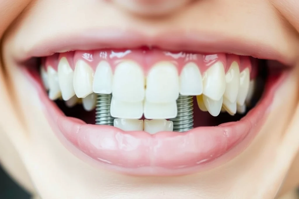 A close-up of a healthy, natural-looking smile with dental implants visible in the front teeth, showing well-integrated crowns matching the surrounding teeth, soft pink gums, and a clean, bright dental environment. The lighting is soft and natural, emphasizing oral hygiene and long-term success of the implant procedure.