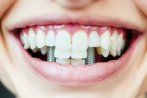 A close-up of a healthy, natural-looking smile with dental implants visible in the front teeth, showing well-integrated crowns matching the surrounding teeth, soft pink gums, and a clean, bright dental environment. The lighting is soft and natural, emphasizing oral hygiene and long-term success of the implant procedure.