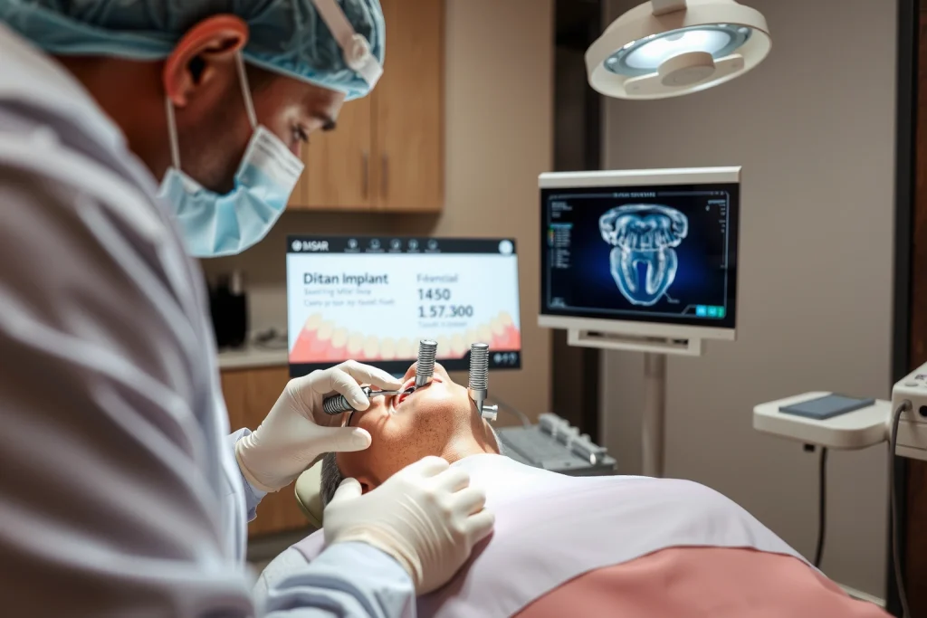 A modern dental clinic interior showing a dentist performing a dental implant procedure on a patient, with close-up view of titanium implant being placed into jawbone, digital 3D scan of teeth on a monitor nearby, sterile environment with advanced dental tools, soft natural lighting, realistic medical details