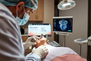 A modern dental clinic interior showing a dentist performing a dental implant procedure on a patient, with close-up view of titanium implant being placed into jawbone, digital 3D scan of teeth on a monitor nearby, sterile environment with advanced dental tools, soft natural lighting, realistic medical details