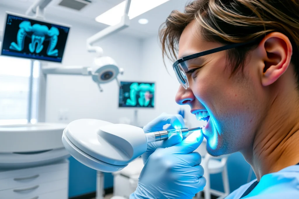 A modern dental clinic interior with a dentist examining a patient's teeth using advanced digital imaging technology, close-up view of a dental drill and composite filling material being applied to a tooth, clean white and blue color scheme, professional medical environment, soft natural lighting, no text or labels visible