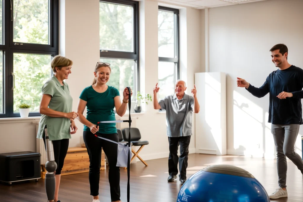 A warm, hopeful scene of a diverse group of people in a modern rehabilitation center: a middle-aged woman with a prosthetic leg doing gentle exercises with a physical therapist, an elderly man smiling while using a resistance band, a young adult practicing balance on a stability ball, and a therapist guiding them — all bathed in soft natural light from large windows showing greenery outside. The atmosphere is calm, supportive, and focused on progress and healing.