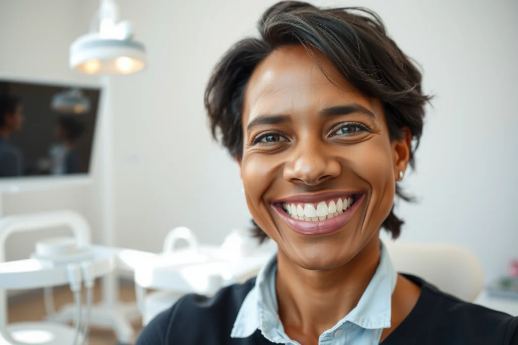 A confident adult person smiling naturally with healthy, white dental implants visible in a bright, modern dental clinic setting. Soft natural lighting, clean white walls, subtle dental equipment in the background, warm and reassuring atmosphere. No text, no signs, no letters, no numbers, no dental tools in foreground, no blood, no pain expressions.