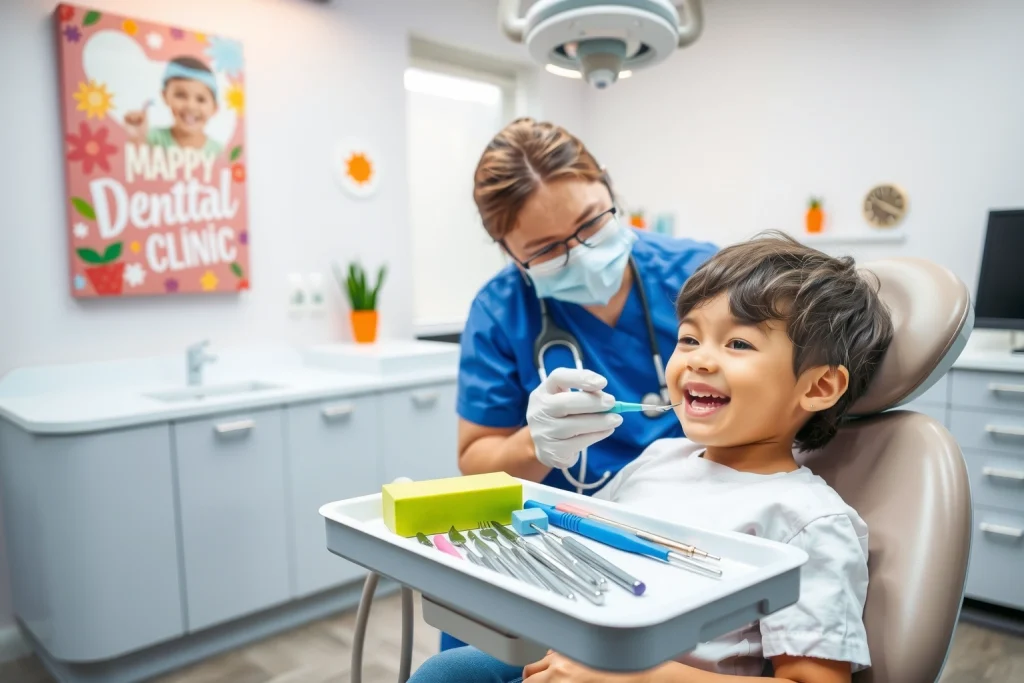 A friendly pediatric dentist examining a child's teeth in a bright, modern dental clinic, with colorful decorations, dental tools on a tray, and a smiling child sitting in the dental chair, warm lighting, soft shadows, realistic details
