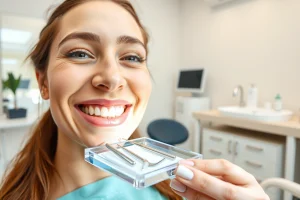 A clean, modern dental clinic interior with a smiling person showing bright white teeth, dental tools for whitening on a tray, soft natural lighting, focus on oral hygiene and professional teeth whitening treatment