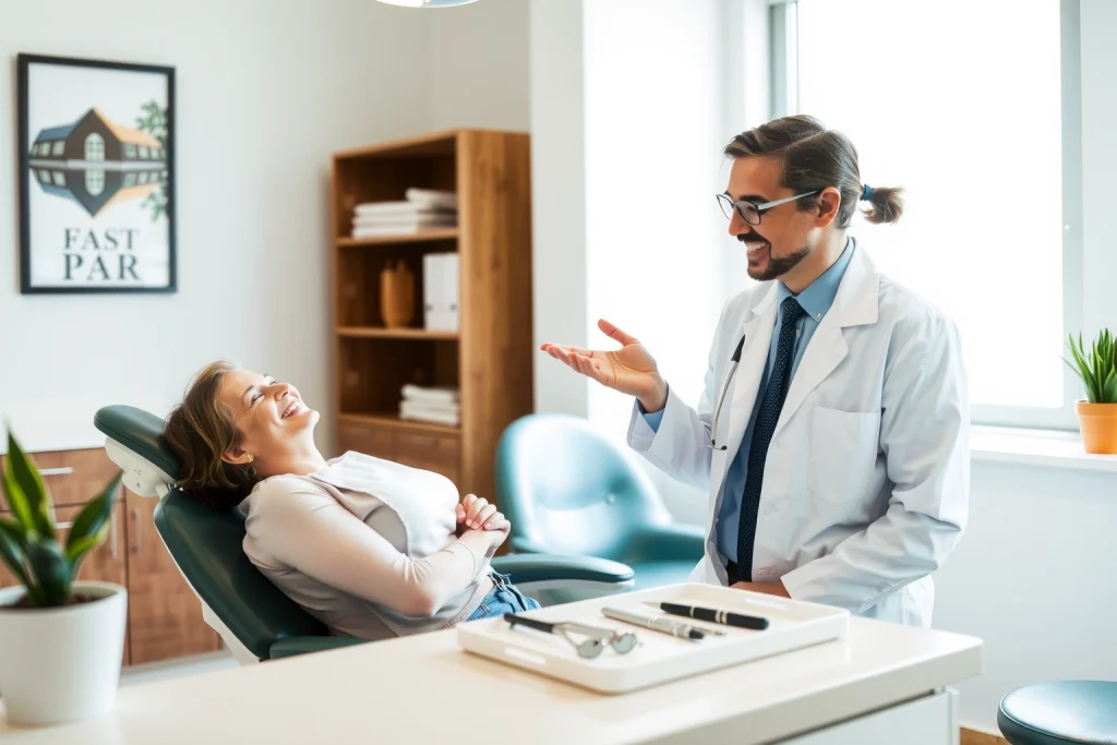 A calm dental clinic interior with a smiling dentist in a white coat gently explaining post-treatment care to a relaxed patient sitting in a dental chair, soft natural light from a window, dental tools neatly arranged on a tray, a small potted plant on the counter, warm and reassuring atmosphere, no text or symbols visible