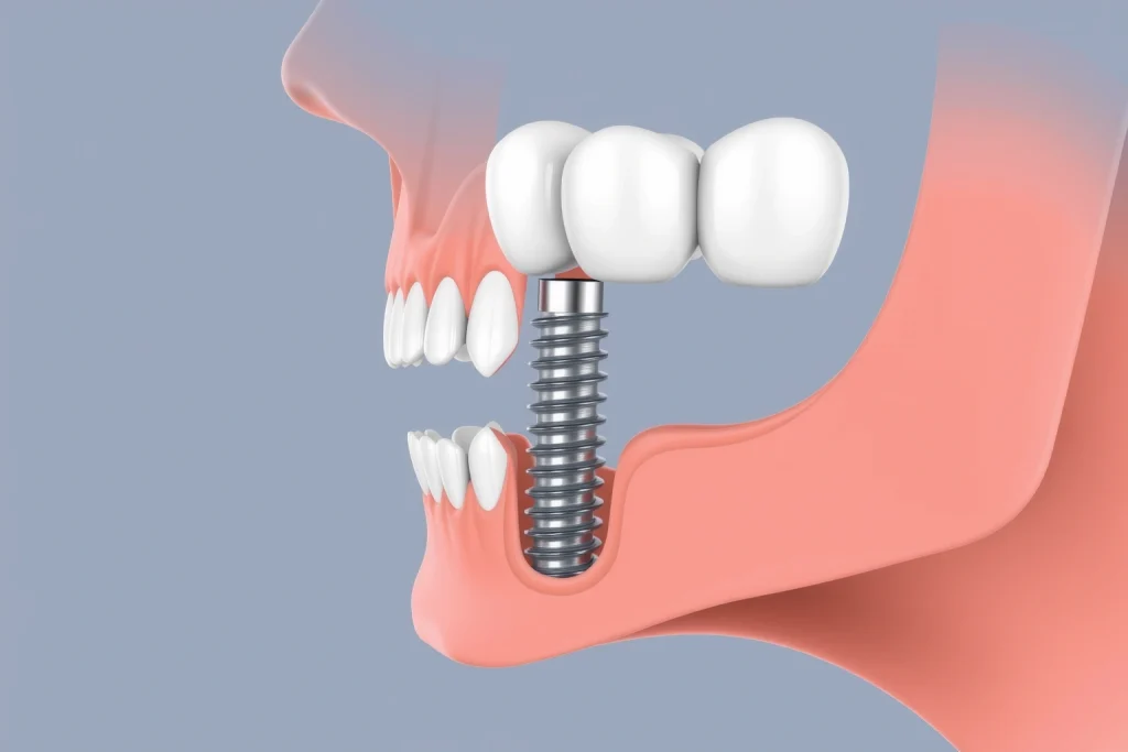 A detailed medical illustration showing the main image for an article about dental implantation: a close-up view of a human jaw with a titanium dental implant being placed into the alveolar bone, showing the implant screw, abutment, and crown in cross-section, with soft gum tissue and bone structure clearly visible, clean clinical lighting, neutral background, no text or labels