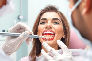 A professional dental illustration showing a dentist examining a patient's gums with a periodontal probe, highlighting inflamed gum tissue and plaque buildup on teeth, in a clean, modern dental clinic setting with soft lighting and medical accuracy