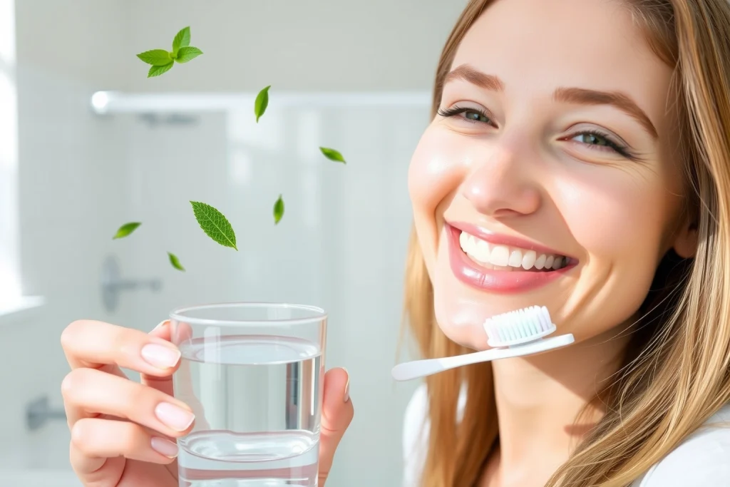 A close-up of a person smiling confidently with fresh breath, holding a toothbrush and a glass of water, standing in a bright, clean bathroom with natural light, subtle mint leaves floating in the air to symbolize freshness, no text or labels visible