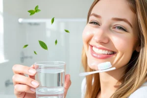 A close-up of a person smiling confidently with fresh breath, holding a toothbrush and a glass of water, standing in a bright, clean bathroom with natural light, subtle mint leaves floating in the air to symbolize freshness, no text or labels visible