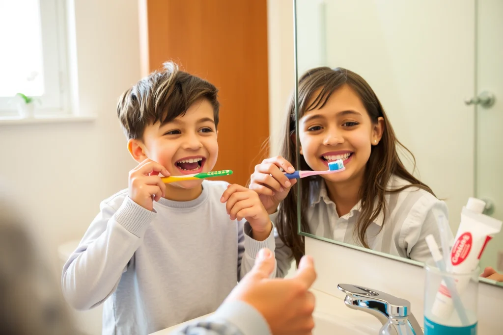A cheerful child brushing teeth in a bright bathroom, holding a colorful toothbrush and smiling at the mirror, with a parent gently guiding their hand, toothpaste tube and cup visible on the sink, soft natural light from a window, warm and inviting atmosphere, educational and positive tone