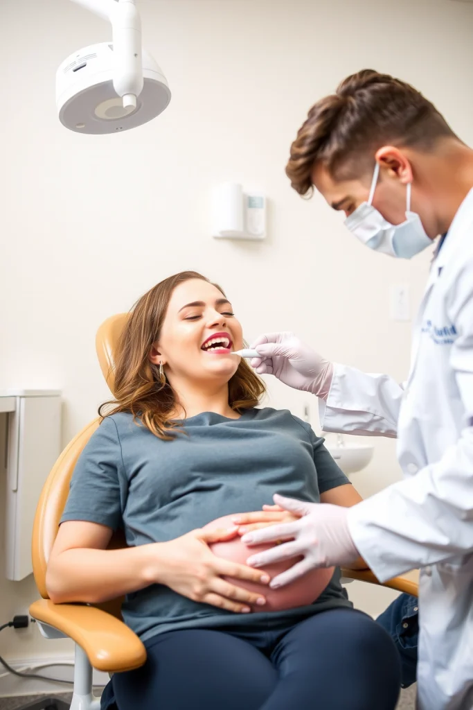 A calm, professional medical scene showing a pregnant woman sitting in a dentist's chair with a gentle, reassuring dentist examining her teeth using safe equipment, soft lighting, clean clinic environment, no blood or pain, emphasizing safety and care
