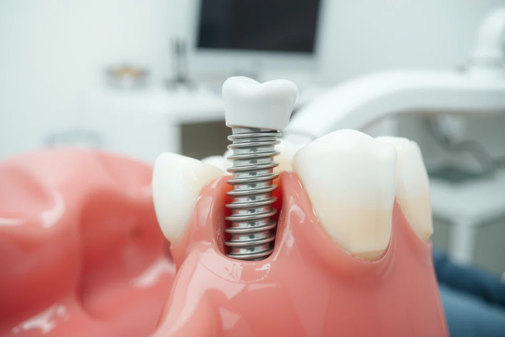 A close-up of a healthy dental implant with a natural-looking crown, surrounded by pink gums and white teeth, in a clean, well-lit dental clinic setting, soft shadows, realistic textures, no text or symbols