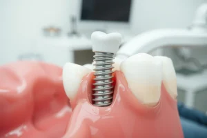 A close-up of a healthy dental implant with a natural-looking crown, surrounded by pink gums and white teeth, in a clean, well-lit dental clinic setting, soft shadows, realistic textures, no text or symbols