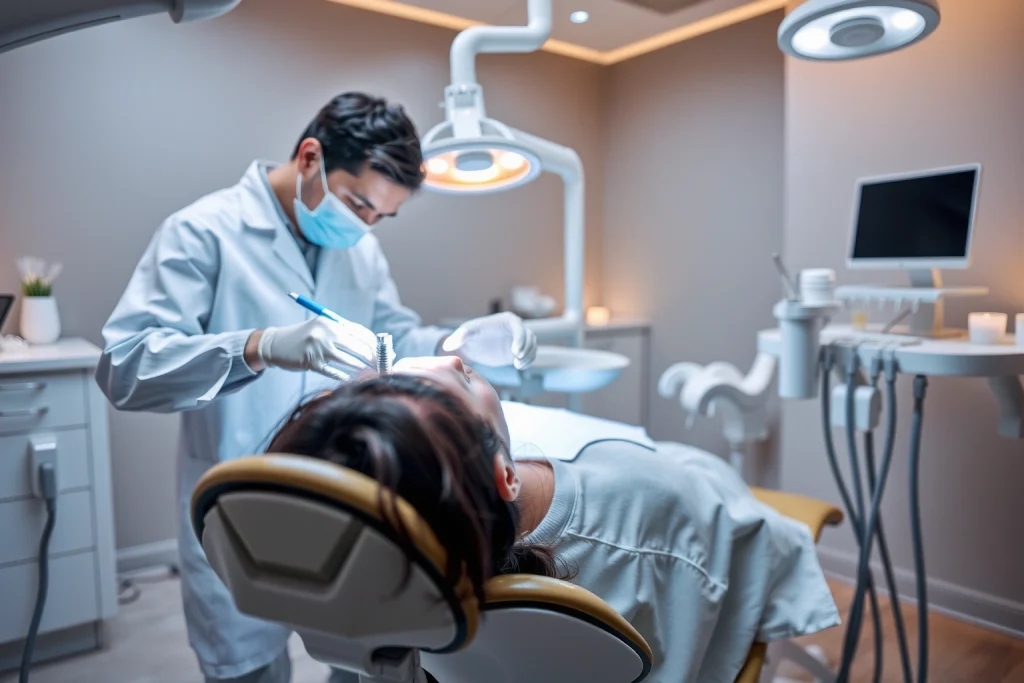 A modern dental clinic interior showing a dentist in a white coat performing a dental implant procedure on a patient lying in a dental chair, with close-up view of the jawbone and titanium implant being placed, surrounded by sterile dental tools, soft ambient lighting, and a calm, professional atmosphere