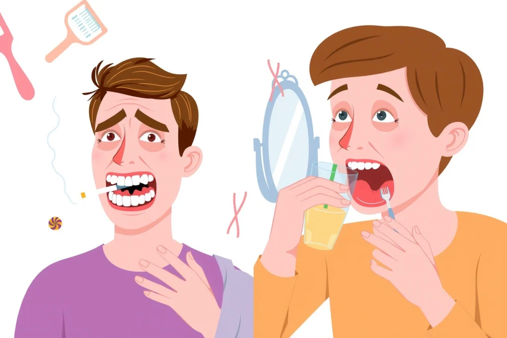 A split-screen illustration showing harmful habits affecting dental health: on the left, a person smoking a cigarette with yellowed, decaying teeth and swollen gums; on the right, a person consuming excessive sugary drinks and candy, with visible cavities and plaque buildup; background includes subtle dental tools like a toothbrush and mirror crossed out in red to symbolize neglect; style is clean, educational, and visually clear for public health awareness