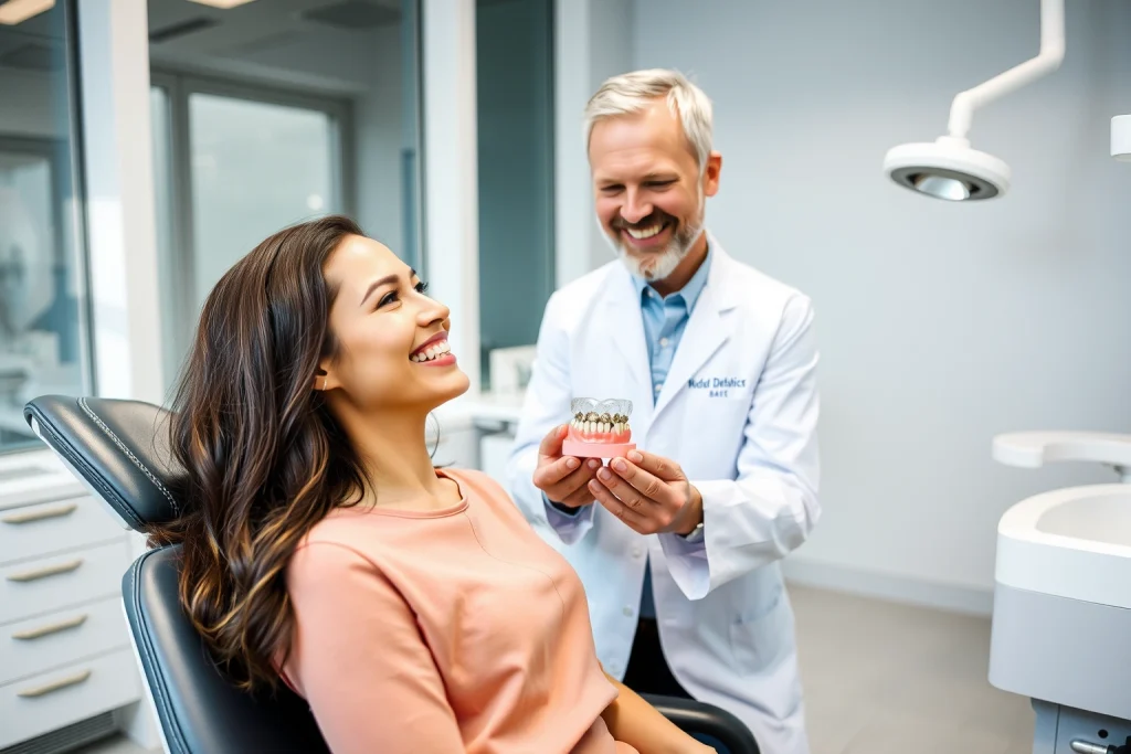 A modern dental clinic interior with a dentist in a white coat holding a dental implant model, smiling at a patient sitting in a dental chair; the patient is showing a confident, natural-looking smile with visible, aesthetically restored teeth; soft natural lighting, clean minimalist design, subtle dental tools and equipment in the background, focus on realism and emotional connection