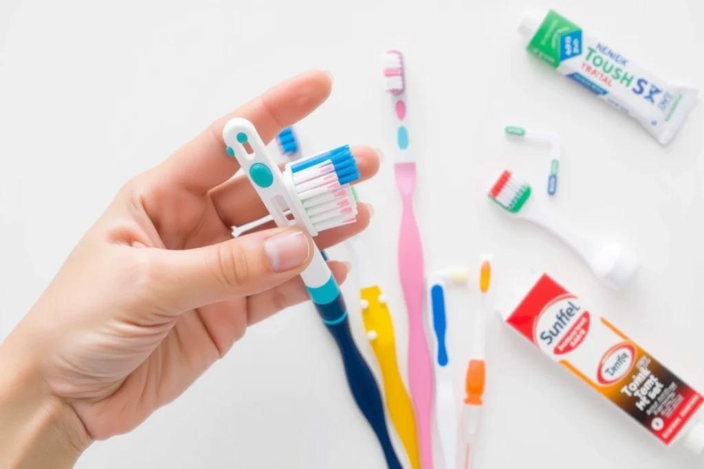 A close-up of a person's hand holding a modern toothbrush with various bristle types and colors, showing different toothbrush heads and handles, with a clean white background and dental care items like toothpaste and floss arranged neatly around it, emphasizing proper toothbrush selection