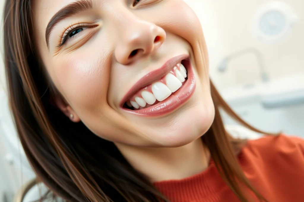 A smiling person with natural-looking dental implants, sitting in a modern dental clinic, showing a healthy, confident smile with visible upper teeth, soft natural lighting, clean white background with subtle medical equipment in the distance, focus on the mouth area with gentle realism