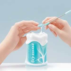 A close-up illustration of a person's hands gently cleaning a dental bridge with a soft-bristled brush and floss threader, showing proper technique without pressure or discomfort, set against a clean white background with subtle dental hygiene icons (toothpaste, mouthwash) floating softly in the air, emphasizing gentle care and oral health