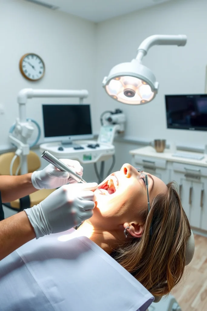 A dental clinic interior showing a dentist performing a dental implant procedure on a patient in a dental chair, with clear view of the implant tools and the patient's open mouth, emphasizing safety and precision, clean modern medical environment with bright lighting, medical equipment visible in background