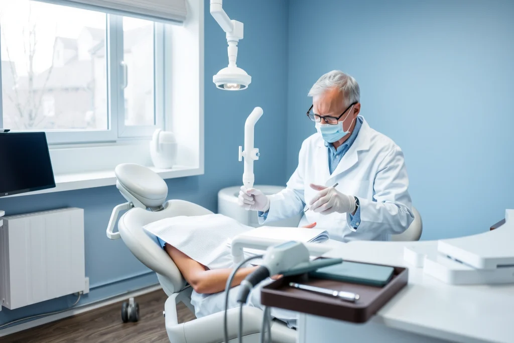 A serene dental clinic interior with a smiling patient sitting comfortably in a modern dental chair, a gentle dentist in a white coat performing a painless tooth restoration using advanced laser technology, soft natural light from a window, clean white and light blue color scheme, subtle dental tools on a tray, no visible pain or discomfort, focus on calm and trust