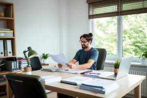 A calm and organized home office with a person sitting at a desk, reviewing documents with a relaxed expression, surrounded by neatly arranged files, a laptop, a plant, and soft natural light coming from a window — symbolizing proactive problem prevention through preparation and mindfulness