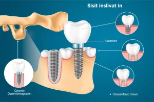 A detailed medical illustration showing the process of dental implantation: a human jawbone with a titanium implant screw inserted into the bone, an abutment attached to the implant, and a ceramic crown placed on top, surrounded by soft gum tissue; include close-up views of osseointegration and anatomical labels in a clean, educational style