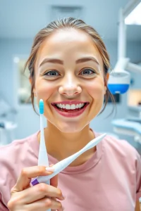 A smiling person with healthy, clean teeth, holding a toothbrush and toothpaste, standing in a bright, modern dental clinic with dental tools and a dentist in the background