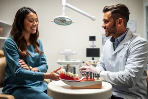 A professional dental clinic setting showing a dentist explaining dental implant options to a patient, with a detailed anatomical model of a jaw with implants visible on a table, soft natural lighting, modern equipment, clean white walls, and a calm, informative atmosphere