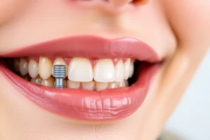 A close-up of a natural-looking smile with healthy, well-aligned dental implants seamlessly blending with surrounding teeth, soft natural lighting, subtle gum texture visible, no visible metal or artificial appearance, focus on aesthetic harmony and long-term durability of the implant restoration