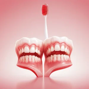 A close-up illustration of healthy pink gums and inflamed red gums side by side, showing early signs of gingivitis like swelling and bleeding, with a toothbrush and dental floss nearby, soft lighting, medical accuracy, no text or labels