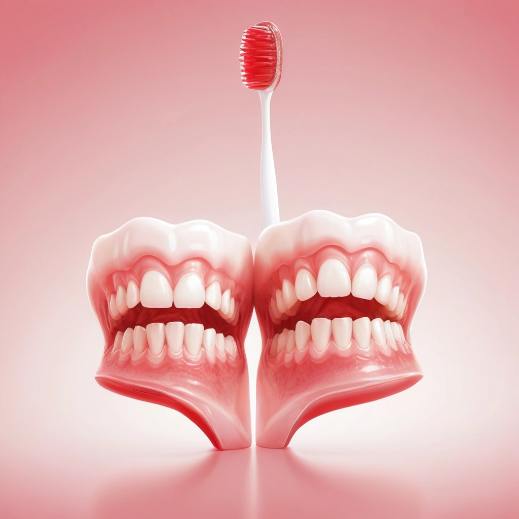 A close-up illustration of healthy pink gums and inflamed red gums side by side, showing early signs of gingivitis like swelling and bleeding, with a toothbrush and dental floss nearby, soft lighting, medical accuracy, no text or labels