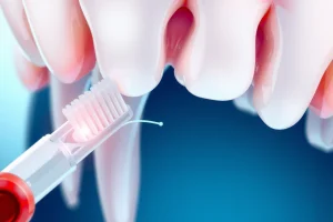 A close-up illustration of healthy human teeth with visible roots, showing proper dental hygiene tools like a toothbrush and floss gently cleaning around the gum line, with subtle glowing highlights indicating strong enamel and root health, set against a clean, soft blue-white background to emphasize dental wellness