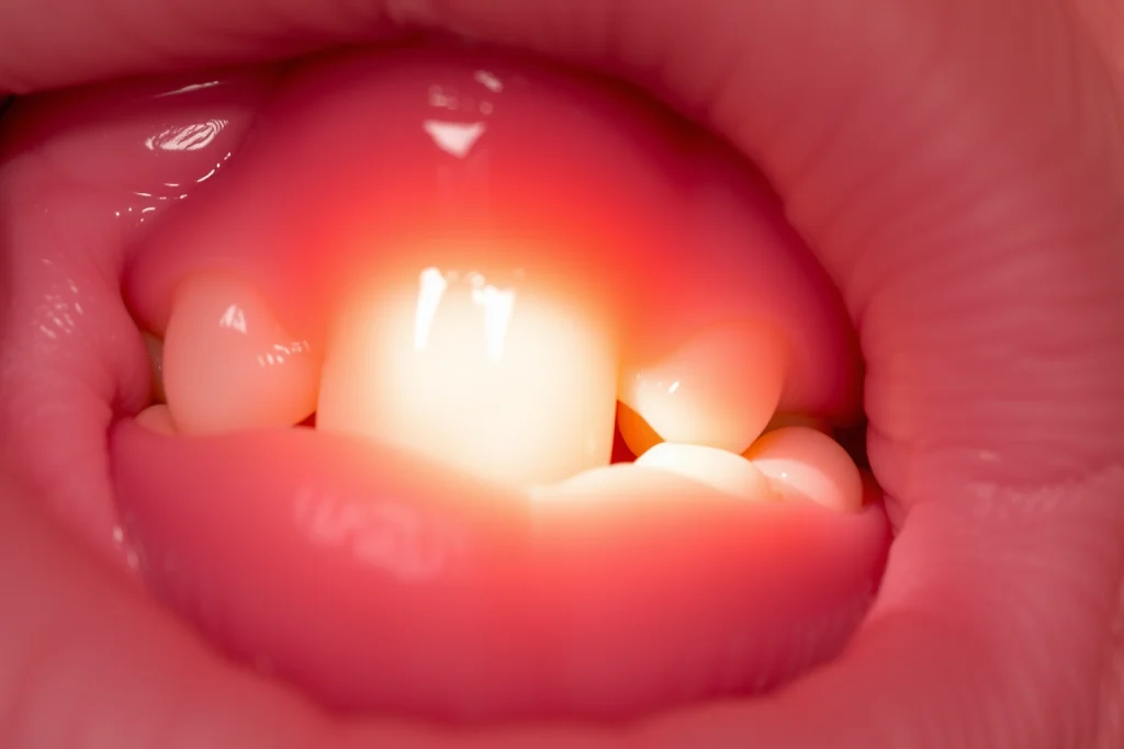 A close-up of a healed dental implant site with healthy pink gums, subtle light reflection on the crown, soft natural lighting, no visible sutures or inflammation, realistic skin texture, clean and clinical yet warm aesthetic