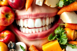A vibrant, healthy smile with strong white teeth and pink gums, surrounded by fresh fruits and vegetables like apples, carrots, leafy greens, and dairy products such as yogurt and cheese, arranged in a circular pattern around the mouth to symbolize balanced nutrition for oral health, soft natural lighting, realistic textures, no text or labels
