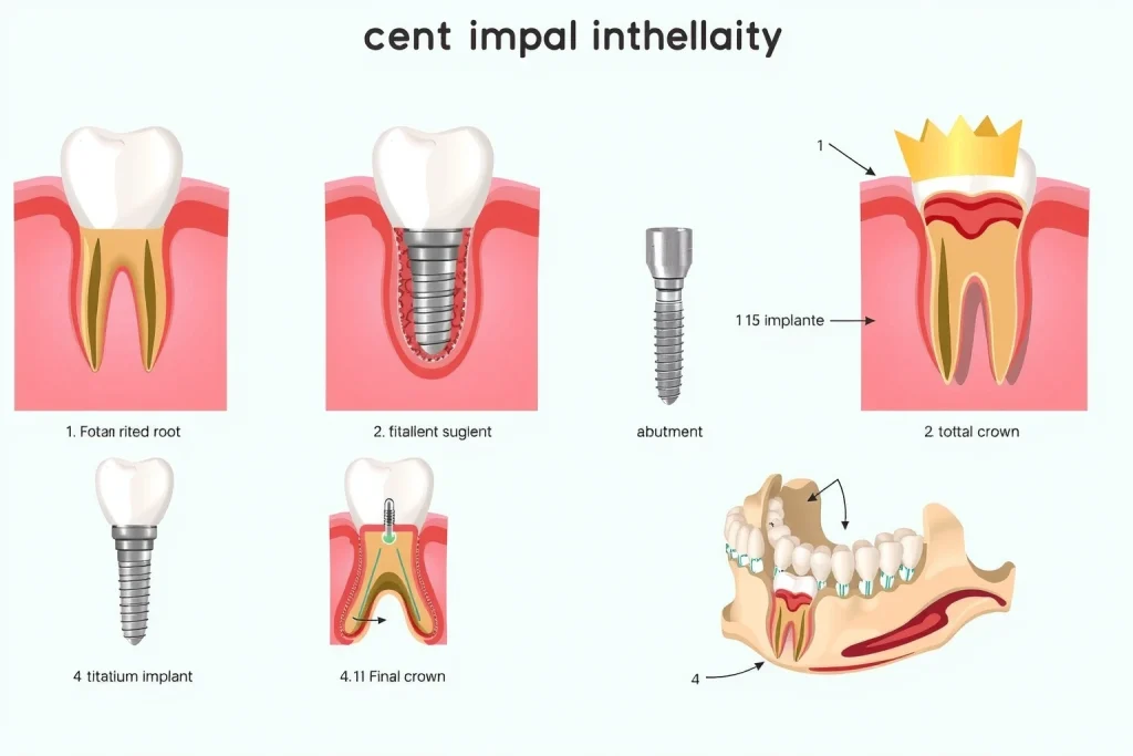 A detailed medical illustration showing the main stages of dental implantation: first, a tooth extraction site with damaged root; second, a titanium implant being surgically placed into the jawbone; third, the abutment attached to the implant; fourth, the final crown placed on top. Include cross-sectional views of gum and bone tissue, with clear labels in a clean, educational style. Show a human jaw in semi-transparent view to highlight internal anatomy.