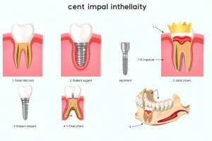 A detailed medical illustration showing the main stages of dental implantation: first, a tooth extraction site with damaged root; second, a titanium implant being surgically placed into the jawbone; third, the abutment attached to the implant; fourth, the final crown placed on top. Include cross-sectional views of gum and bone tissue, with clear labels in a clean, educational style. Show a human jaw in semi-transparent view to highlight internal anatomy.
