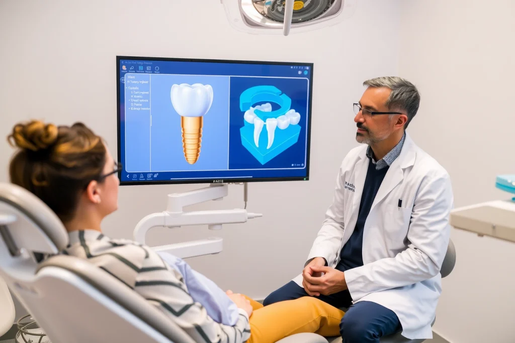 A modern dental clinic interior with a dentist in a white coat explaining dental implant options to a patient sitting in a dental chair, a detailed 3D model of a dental implant and jawbone on a digital screen nearby, soft natural lighting, clean and professional atmosphere