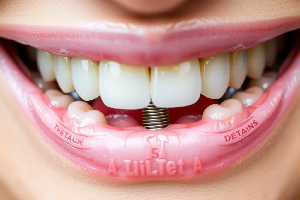 A close-up of a natural-looking, healthy smile with dental implants seamlessly integrated into the gums and teeth, showing realistic texture, subtle translucency of enamel, and harmonious gum line, soft natural lighting, no visible metal or artificial appearance, focus on aesthetic dental restoration