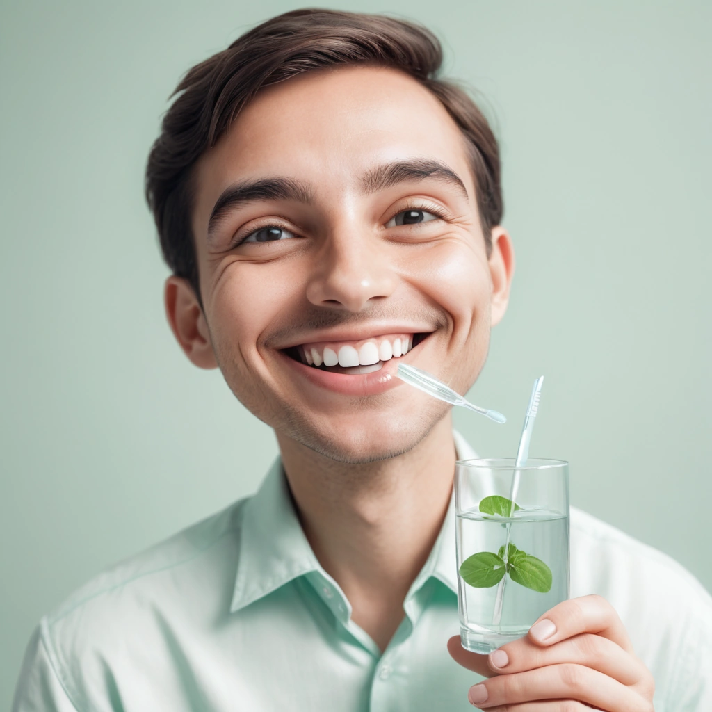 A close-up illustration of a person smiling confidently, holding a toothbrush and a glass of water, with subtle visual cues like floating mint leaves and a clean tongue diagram in the background, symbolizing fresh breath and oral hygiene, soft natural lighting, warm tones, no text or labels